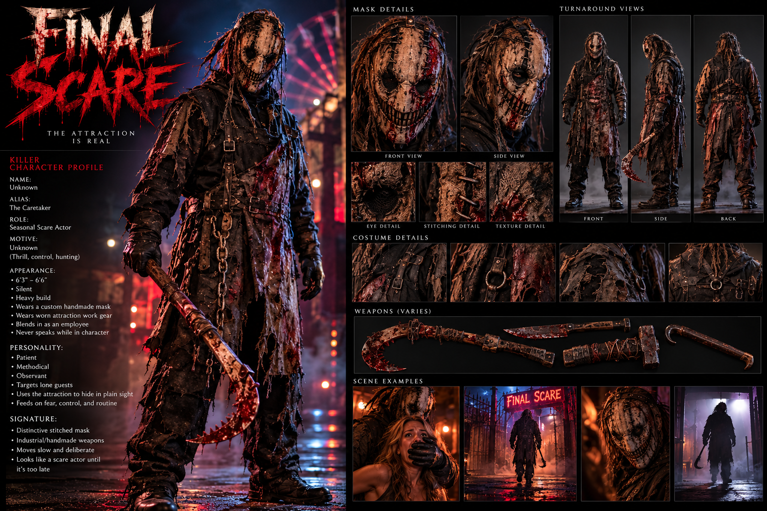 Character concept board for The Caretaker: front and side views of a stitched scare-actor mask, costume and weapon details, and scene stills from the attraction.